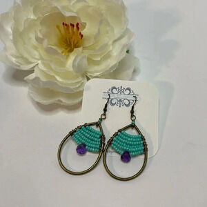 Boho Earrings -purple & turquoise seed beads - antique brass findings hand wrap